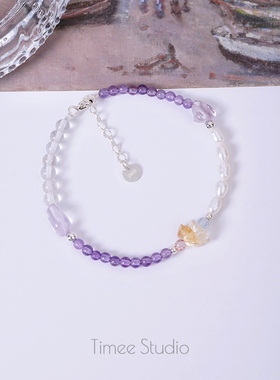 Timee恬觅 赴月 天然紫水晶白水晶淡水珍珠925银手链礼物送人