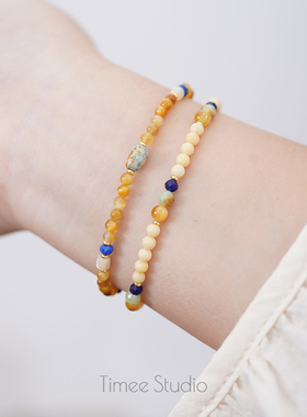 Timee恬觅 雁南飞 天然金膏玉民典与金虎眼蓝纹石银镀金手链手串