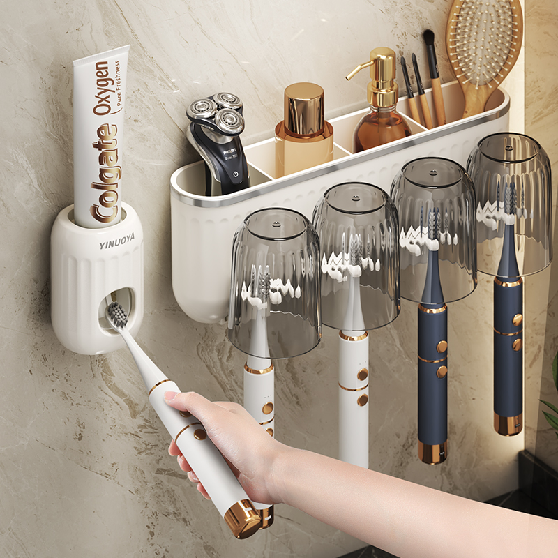 牙刷置物架免打孔漱口杯刷牙杯卫生间壁挂式家庭电动牙膏牙刷架子-图3