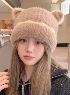 小猫耳朵毛绒帽子女款冬
