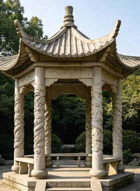 中式石凉亭 天然石材单层石亭 园林景观石雕亭子可刻字加工