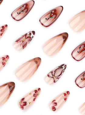 舞台穿戴甲复古花朵穿戴甲3D立体蝴蝶结杏仁甲可重复美甲甲片