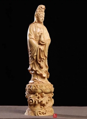 小叶黄杨木雕刻水浪净瓶观音菩萨佛像桌面摆件家居摆设家装饰工艺