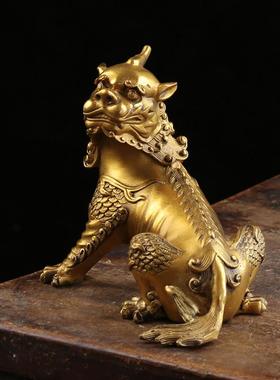 纯黄铜谛听摆件地藏王坐骑独角神兽铜貔貅地听客厅手工摆件