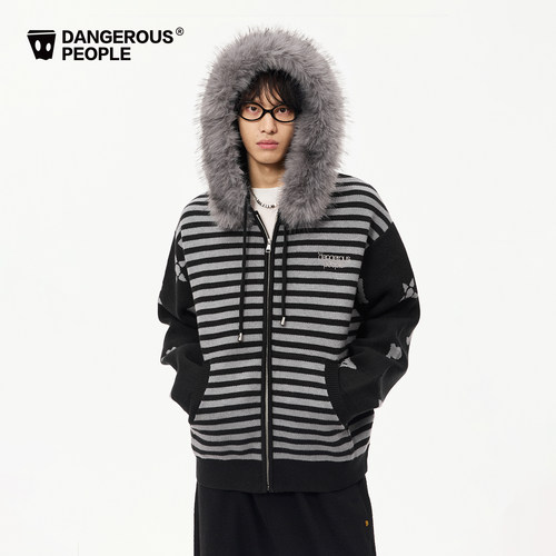 Dangerouspeople薛之谦dsp可拆卸毛领针织开衫高街百搭潮条纹毛衣 - 图1