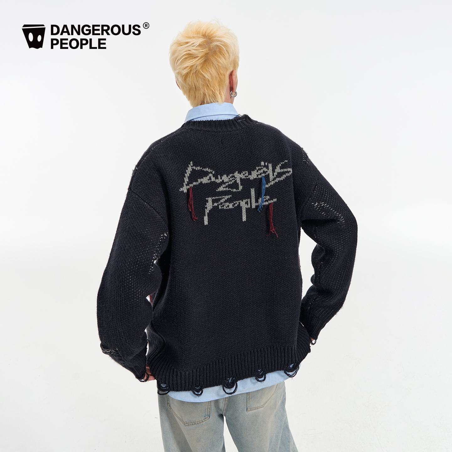 Dangerouspeople薛之谦dsp破洞提花针织开衫潮牌设计感慵懒风毛衣 - 图2