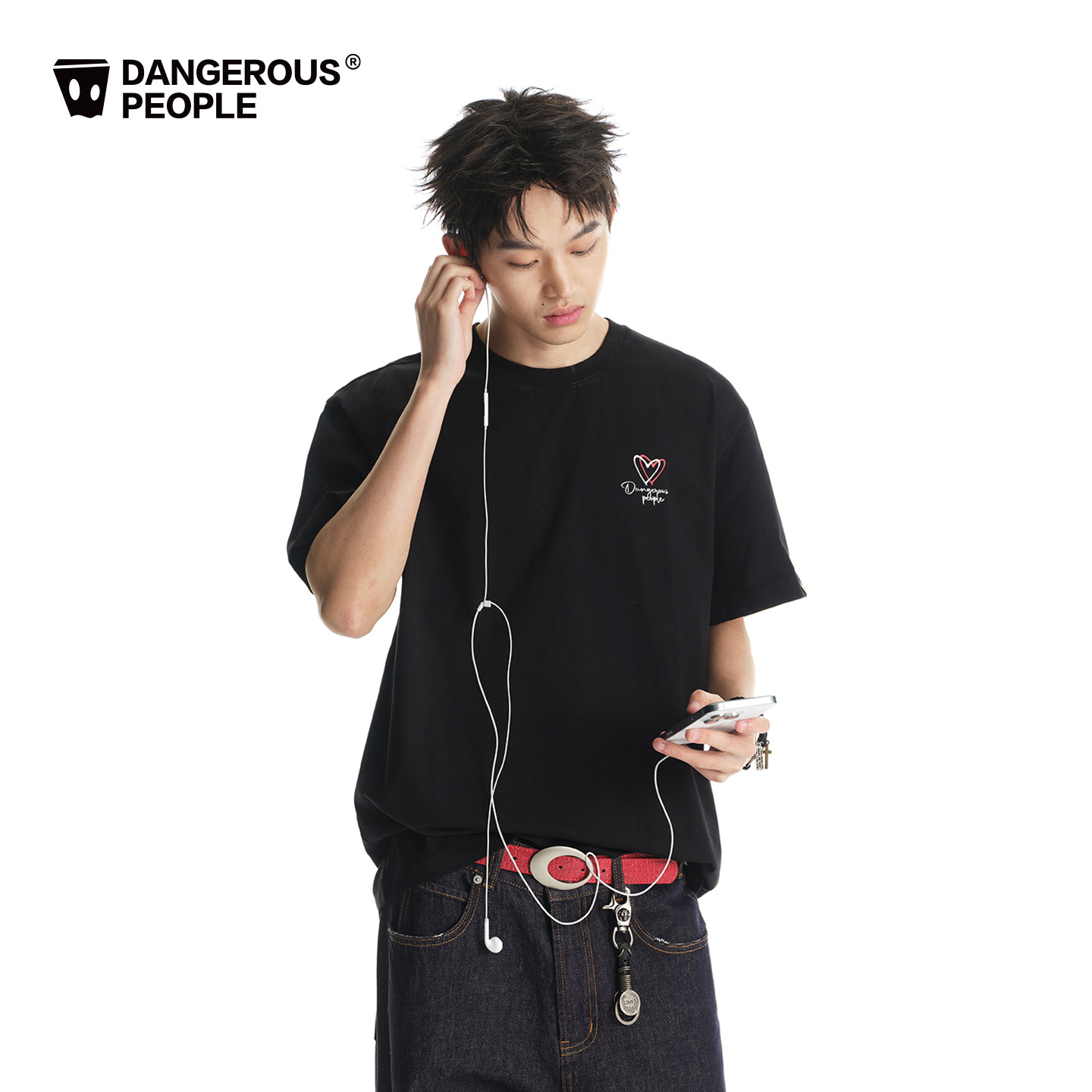 Dangerouspeople薛之谦dsp字母爱心印花短袖全棉落肩情侣T恤