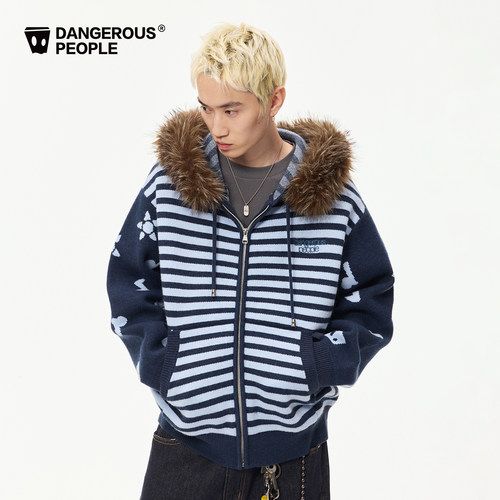 Dangerouspeople薛之谦dsp可拆卸毛领针织开衫高街百搭潮条纹毛衣 - 图2