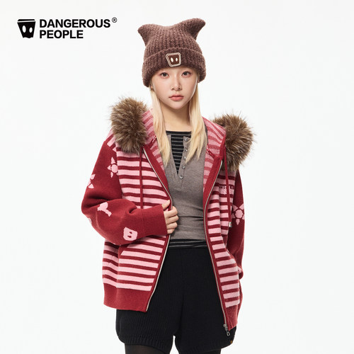 Dangerouspeople薛之谦dsp可拆卸毛领针织开衫高街百搭潮条纹毛衣 - 图0