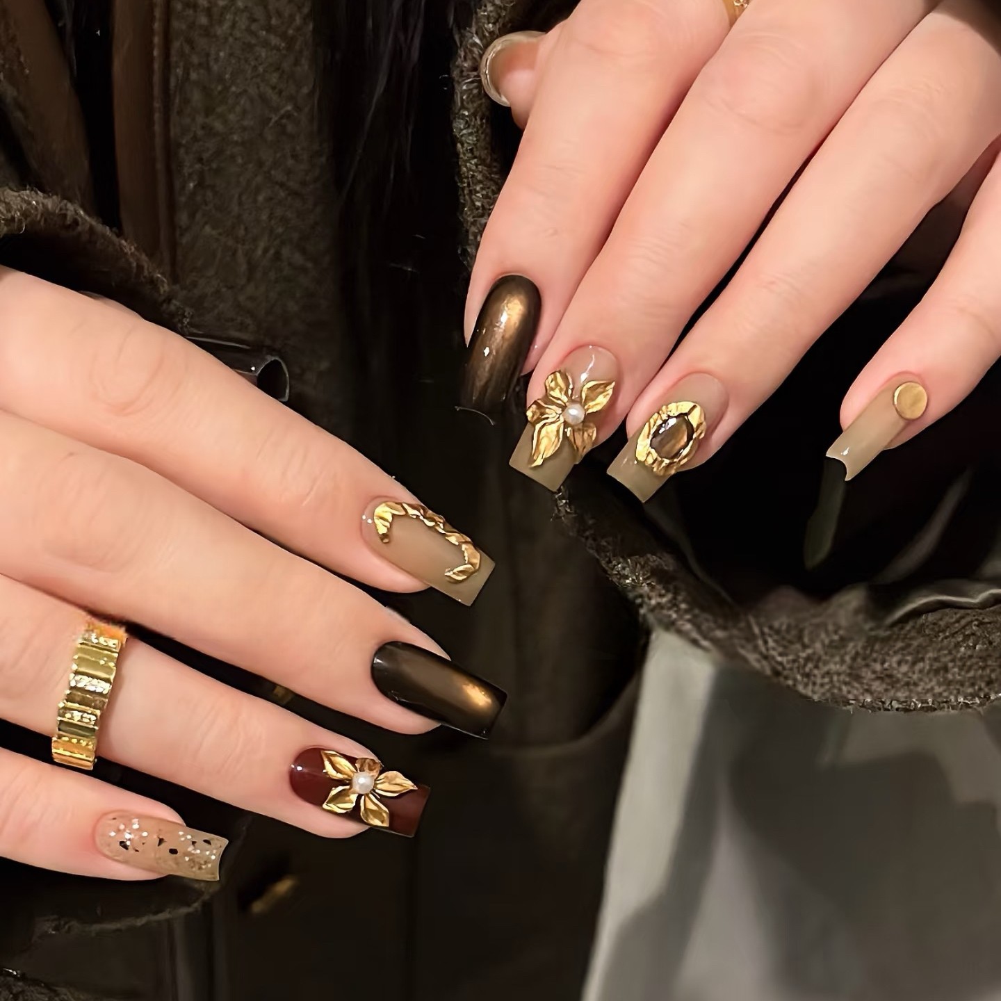 轻奢纯手工老钱中风高级感立体雕花秋冬金棕猫眼穿戴甲美甲,淘宝优惠券,粉丝福利购,淘宝优惠卷