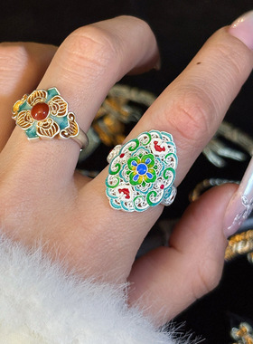 英国TopWhit古法宫廷花丝珐琅宝相花戒指女镂空中式复古文艺民族
