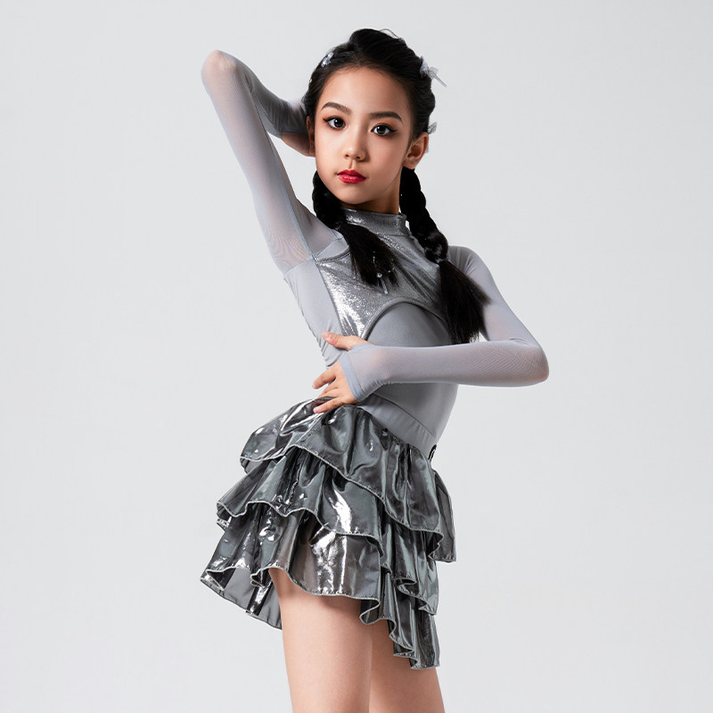歌瑞亚拉丁舞服女少儿童新款长袖烫金雪纺半裙套装表演出练习功服,淘宝优惠券,粉丝福利购,淘宝优惠卷