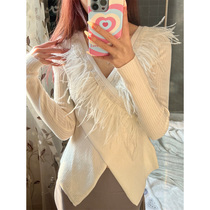 High level Sensation Hump Wool Splicing Cross V Collar Knit Cardigan Clothing Woman Pure Desire for a small crowd to build a jacket