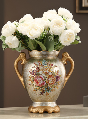 欧式轻奢陶瓷花瓶摆件美式复古现代客厅装饰品仿真花干花艺插花器