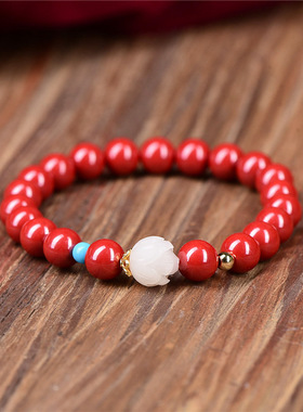 原创设计女款单圈手链高含量原矿帝王砂民族风莲花手串仿白玉绿松