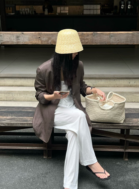 26春夏法式水桶帽麦秆编织夏季海边度假防晒草帽女显脸小百搭盆帽