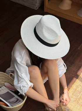 26春夏法式简约复古白色宽檐编织巴拿马爵士礼帽男女遮阳防晒草帽