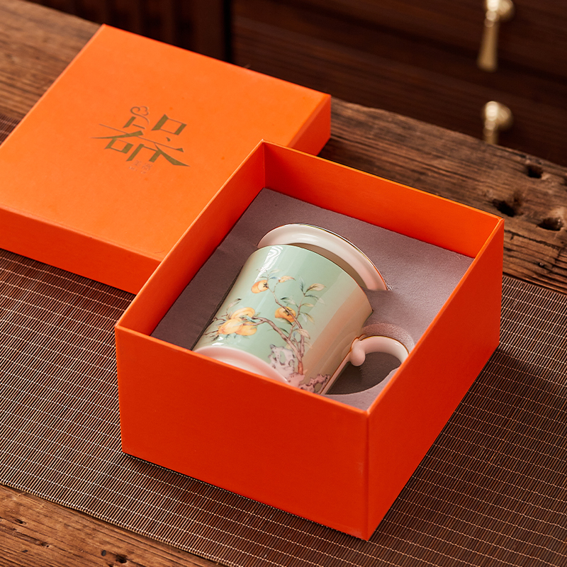 新中式办公泡茶水杯会议杯风骨瓷杯子带盖马克杯情侣对杯礼物