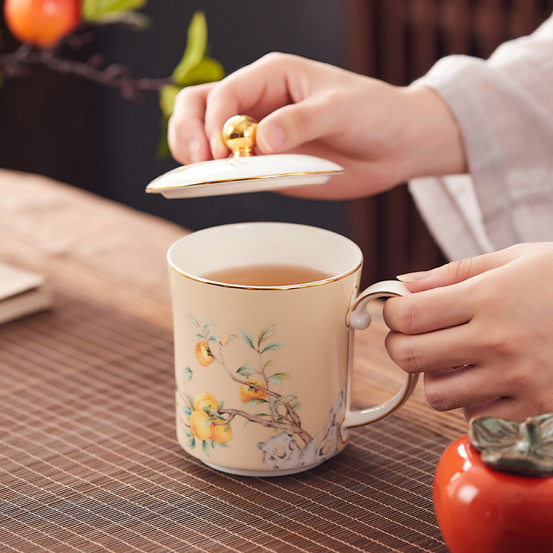 新中式办公泡茶水杯会议杯风骨瓷杯子带盖马克杯情侣对杯礼物