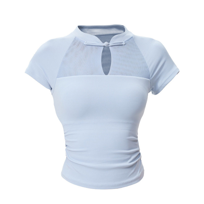 国风运动短袖侧边褶皱显瘦一体杯带胸垫上衣速干健身训练瑜珈服,淘宝优惠券,粉丝福利购,淘宝优惠卷