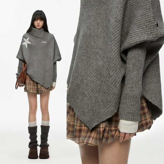 CyNi  不规则设计感宽松小众斗篷高领星星毛衣披风针织衫女