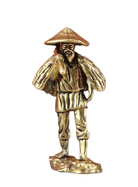 黄铜蓑衣老人桌面怀旧摆件纯铜农夫耕耘家居复古怀旧装饰摆件