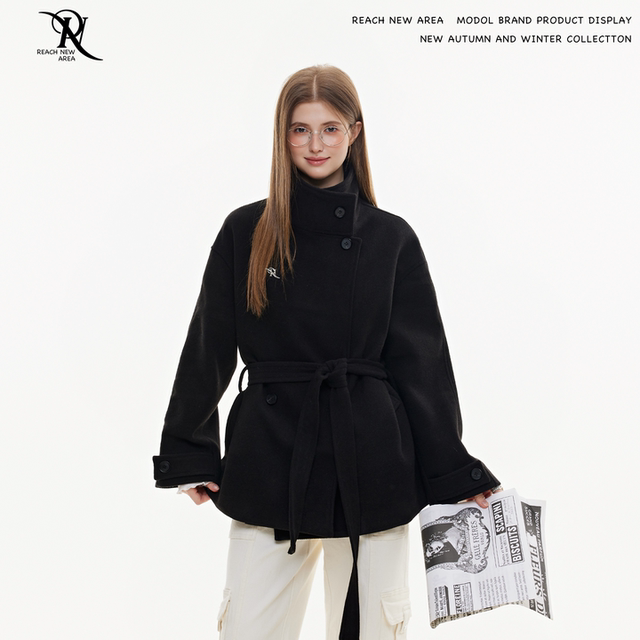 REACH Original Spring and Autumn High-Quality Metal Label Black Suit Jacket Women's Waist-tightening Versatile Woolen Top