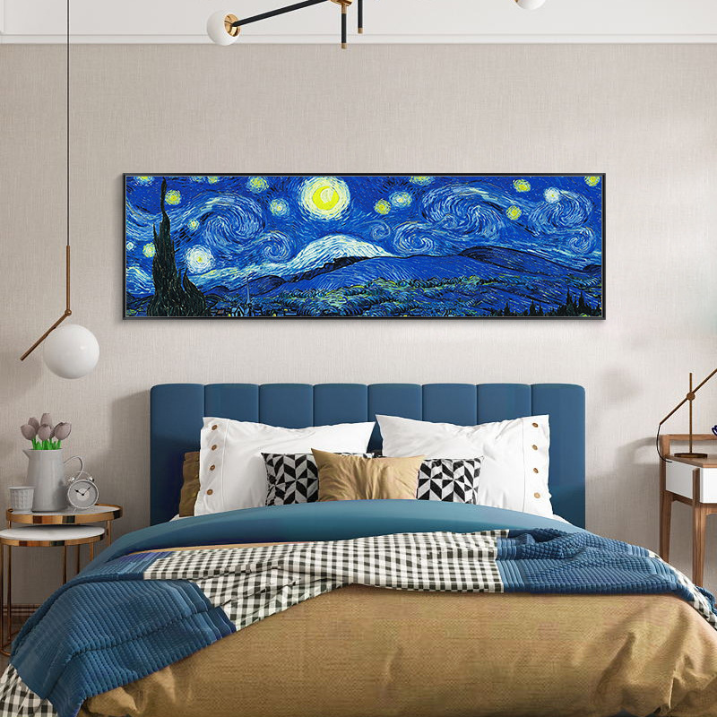 梵高星空油画横版卧室床头挂画装饰画客厅沙发背景墙长条印象派画 - 图1