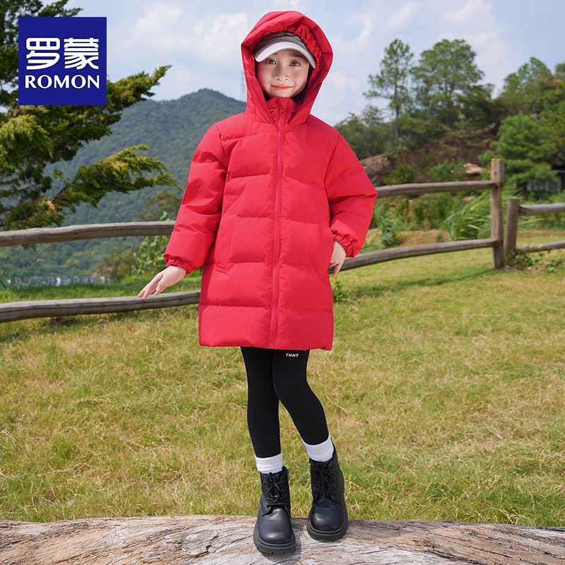 罗蒙童装女童红色羽绒服中长款冬季加厚保暖2025新款儿童连帽外套 - 图1