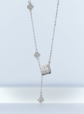 s999纯银小蛮腰项链女轻奢感四叶草流苏锁骨链百搭设计感项饰