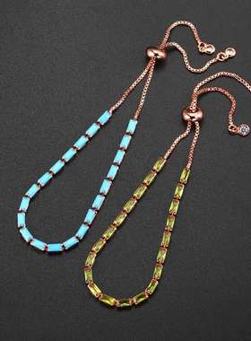 欧美流行彩色长方形锆石可调节手链满钻生辰石网球链跨境百搭首饰