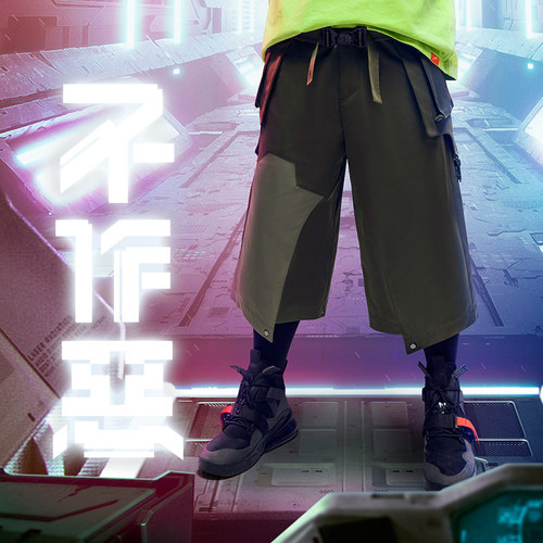 不作恶「游隼武士裤」赛博朋克机能风宽松国潮七分阔腿裤男春夏 - 图0