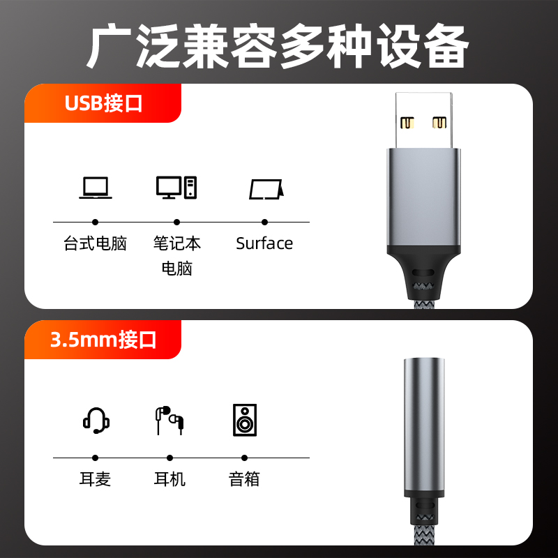 魅成usb转3.5mm音频线接口圆孔台式电脑笔记本耳机麦克风CD级音质适用于苹果华为转换器头二合一接头外置声卡