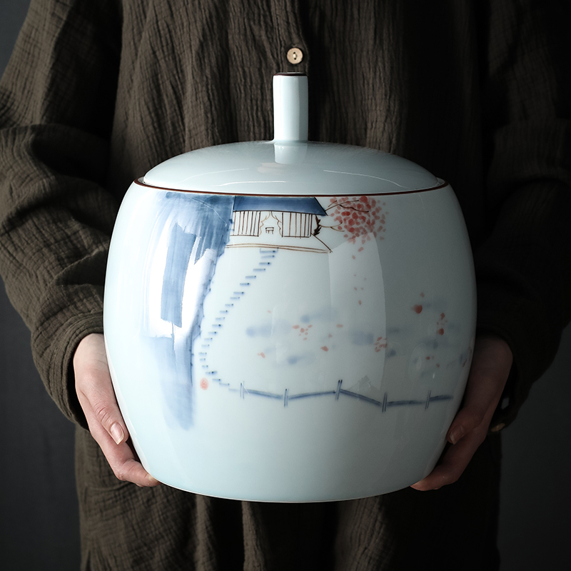 手绘陶瓷茶叶罐普洱茶饼罐中式储物罐家用加大号茶饼防潮存储茶罐