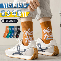 Teenage Socks Mens Autumn Winter Students Middle Cylinder Pure Cotton All Cotton Deodorant Basketball Sports Big Child Stockings High School Students