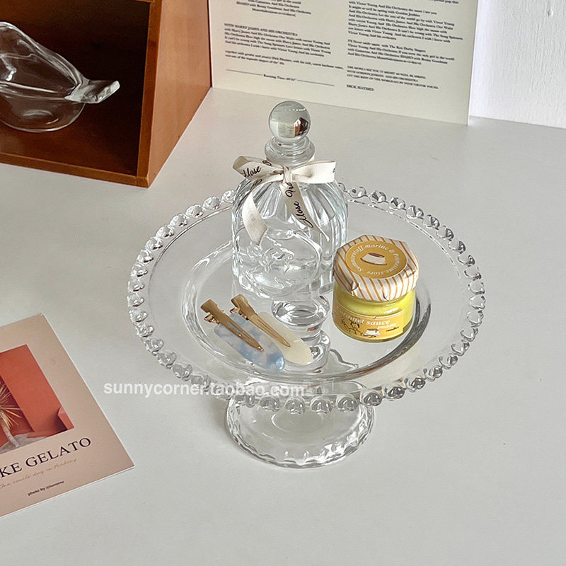 ins风透明玻璃爱心珠点高脚香薰托盘蛋糕水果香水展示收纳盘摆件,淘宝优惠券,粉丝福利购,淘宝优惠卷