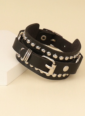 欧美朋克风潮流铆钉皮质皮革手环手镯个性时尚摇滚情侣手链首饰