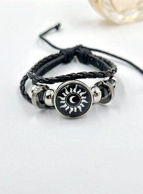 夜光日月恋人时光宝石手链男女通用复古手工多层串珠编织皮革手链