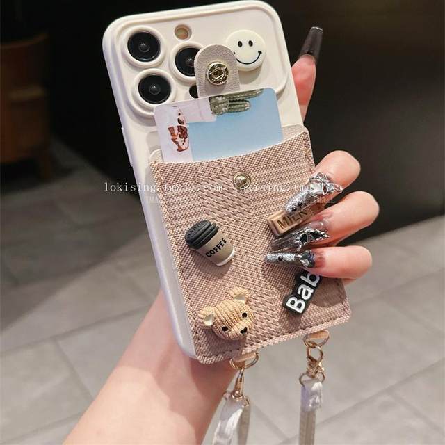 Bear card bag female star same style suitable for iphone15 mobile phone case 15Pro crossbody 14promax female 12pro Apple 13 coin purse 11 three-dimensional Xsmax lanyard 8plus smiley face XR