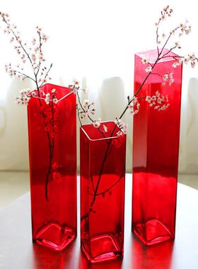 大红色方形玻璃花瓶百合花富贵竹大号落地家居现代客厅插花4050cm