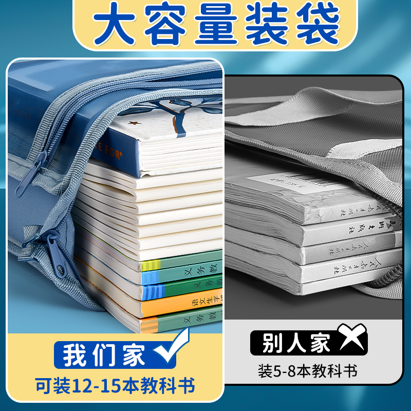 晨光双层加厚科目分类文件袋透明拉链式网纱拎书袋补习手提袋小学生补课作业分类装书袋大容量学科袋收纳袋A4