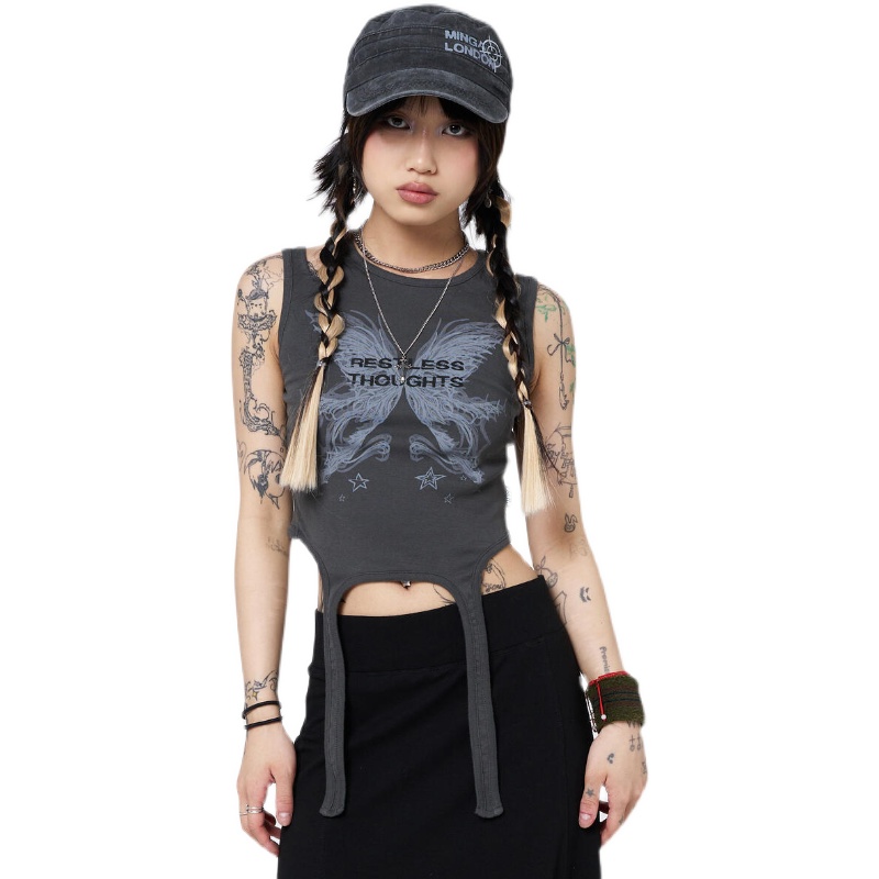 Minga夏季新品美式复古Y2k羽翼可系带腰部镂空短款修身背心上衣 - 图3