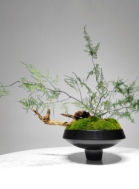 新中式永生苔藓摆件干支黑色高脚盆花艺样板间餐厅餐桌茶几装饰品