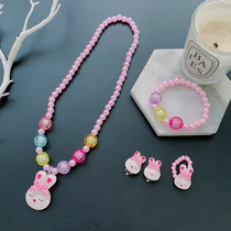 Children Cute Cartoon Necklace Jewelry Suit Girl String Beads Bracelet Ear Clip Accessories Baby Bunny Rabbit Accessories