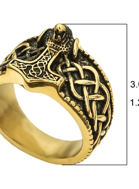 亚马逊爆款跨境维京雷神之锤狼头戒指 男士复古符文钛钢指环