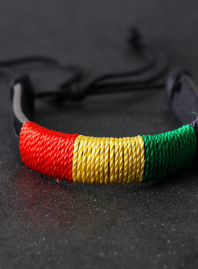 欧美跨境热销牙买加雷鬼红黄绿彩色多层编织皮革手链手环现货