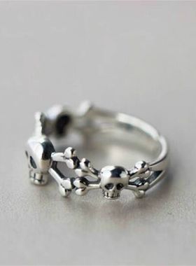 复古跨境泰银骷髅头戒指男女个性时尚嘻哈做旧朋克开口可调节