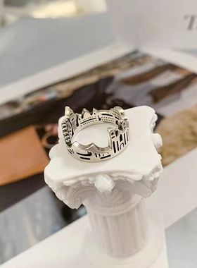 s925银做旧开口戒指女个性ins机械工业风城市建筑立体指环ins风