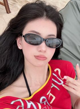 日本品质韩版复古椭圆猫眼黑色太阳眼镜女款防紫外线拍照海边度假