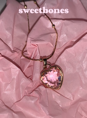 sweetbones美式甜心粉色爱心锆石项链吊坠辣妹饰品ins